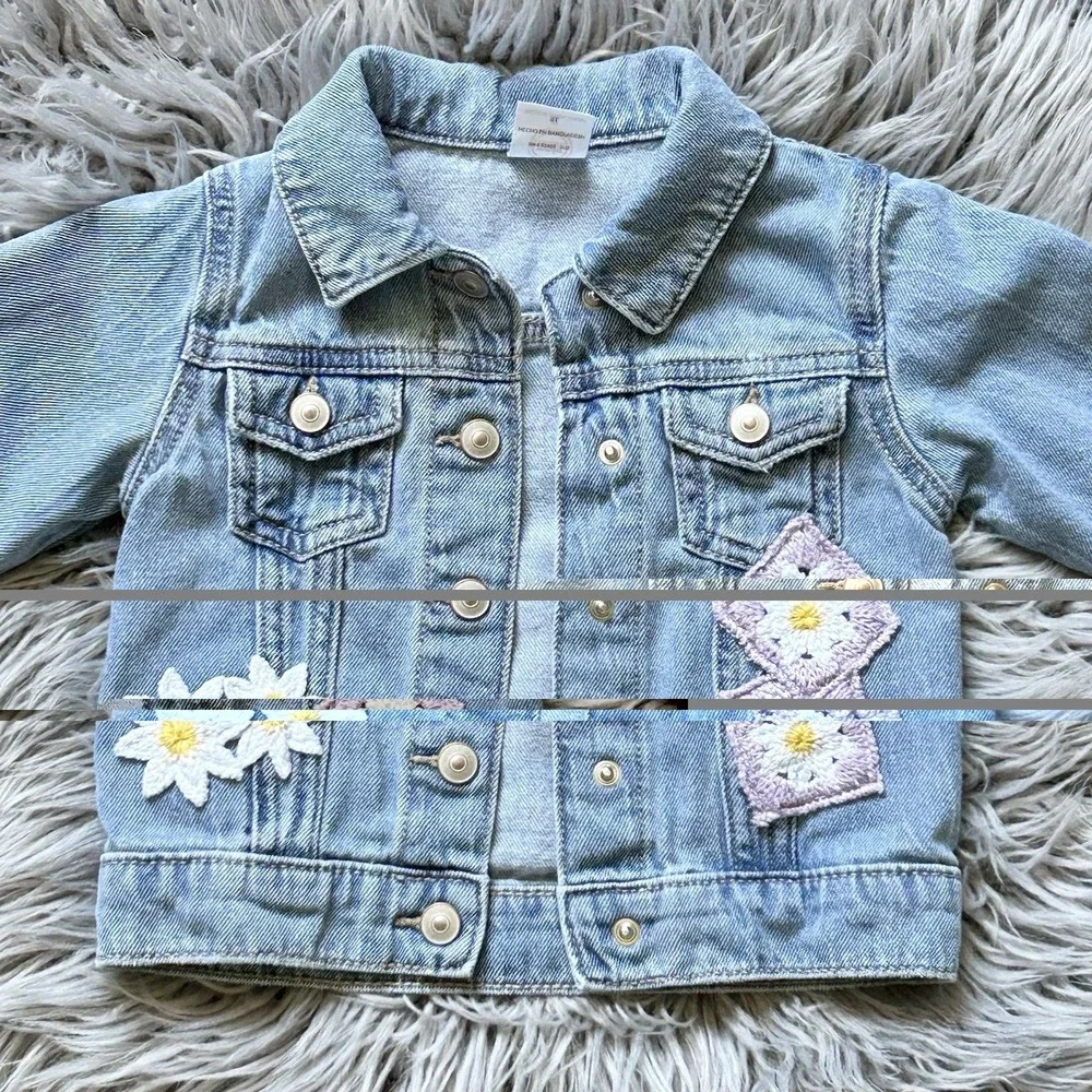 Wonder Nation Denim Patchwork Jacket Embroidered Floral 100% Cotton Girls 2T